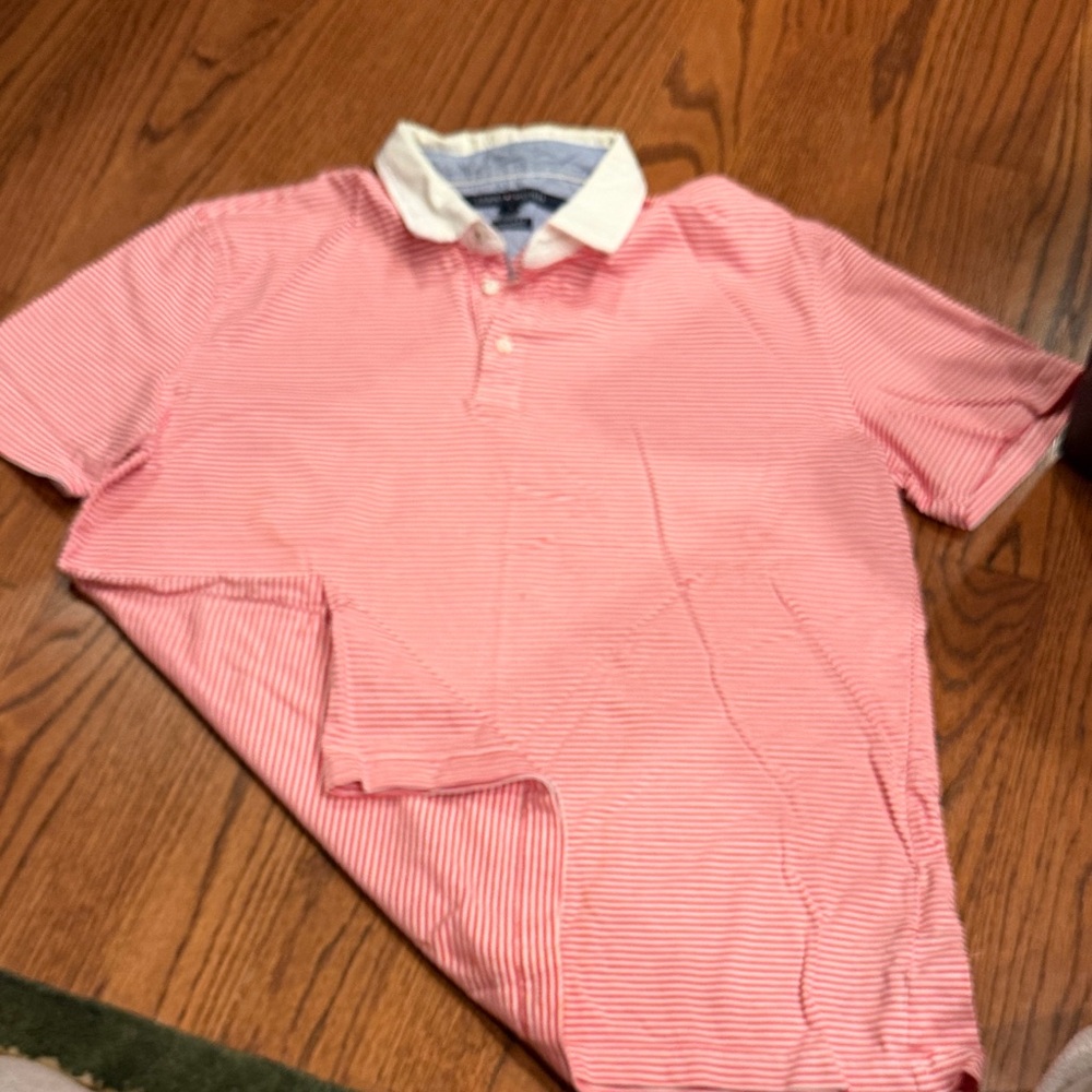 Tommy Hilfiger Men's Red and white  Striped Polo Shirt